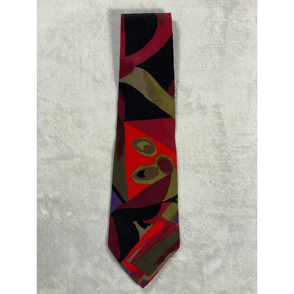 Vintage Pierre Cardin Tie Men's One Size Red Olive Abstract Geometric Silk USA